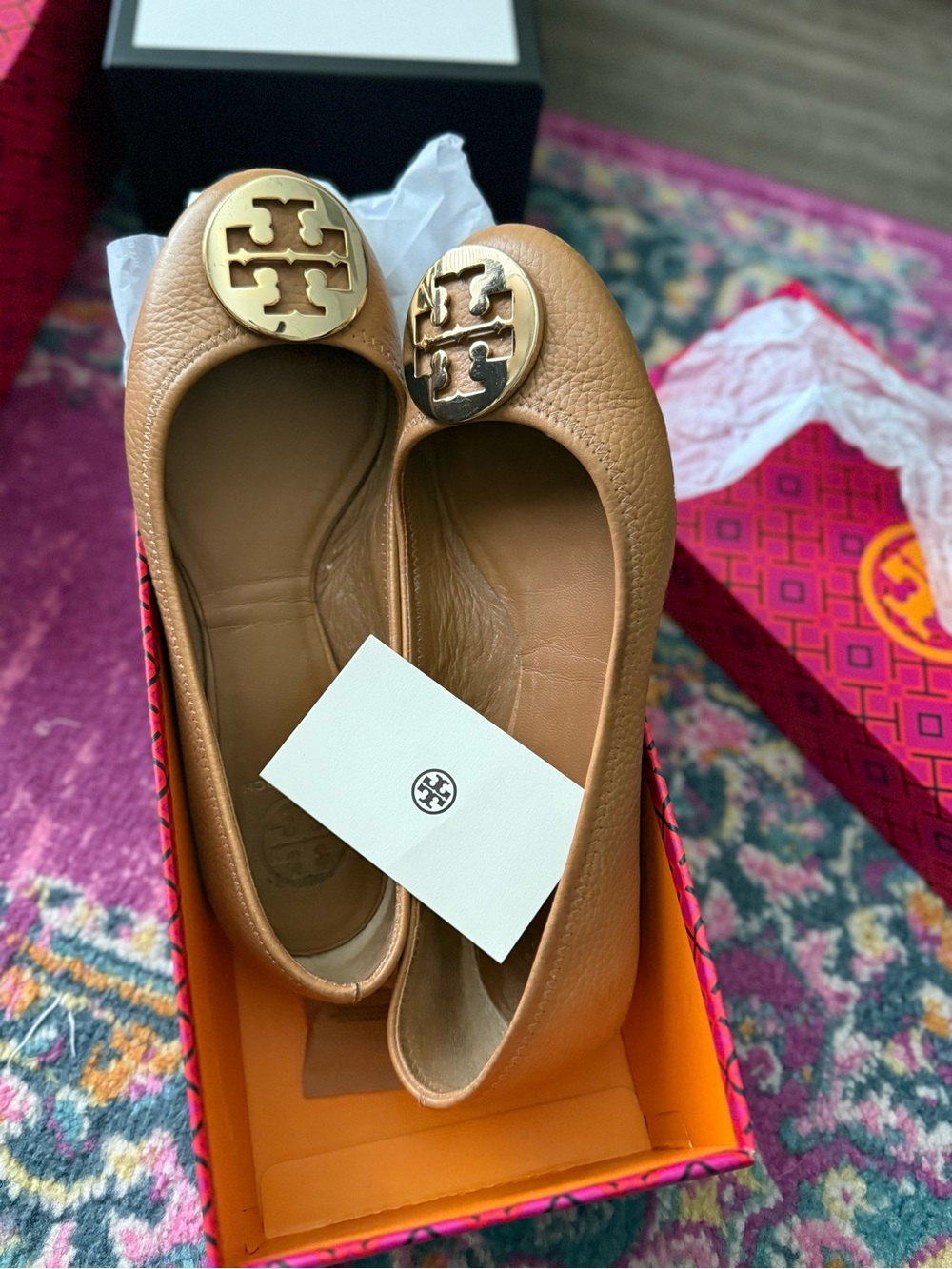Tory Burch Cognac Leather Ballet Flats with Gold Logo